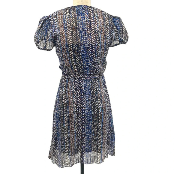 Anna Sui Wrap Mini Dress Short Sleeve Abstract Print Silk Blue Metallic Size 0 - Picture 6 of 8
